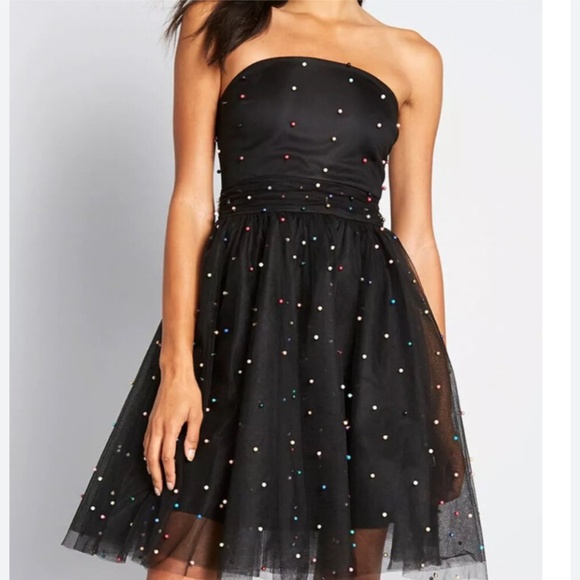 Betsey Johnson Dress Formal Black Rainbow Pearls Tulle layers Strapless Sz 6 - Picture 1 of 14